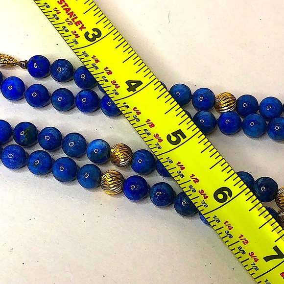 VINTAGE Lapis Lazuli 14k Gold Sculpted Beads & Clasp Hand Knotted Necklace - Picture 13 of 17